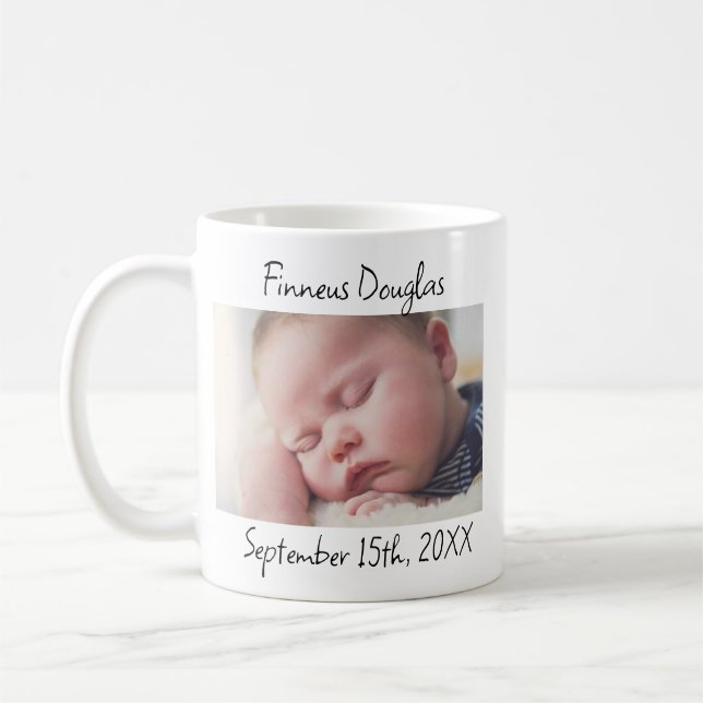 Personlig Nyfödd bebis Foto, Namn och datum Kaffemugg (Vänster)