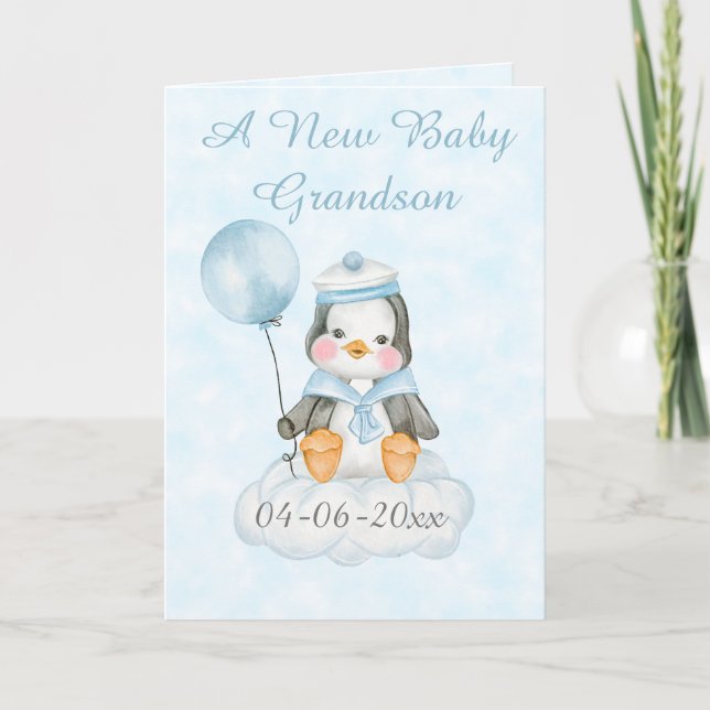 Personlig Nyfödd bebis Penguin Grandson Kort (Framsida)