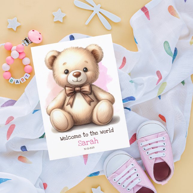 Personlig Nyfödd bebis Rosa Nalle Card Kort (Skapare uppladdad)