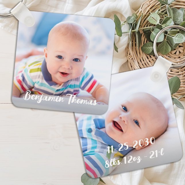 Personlig Nyfödda Baby Photo Namn & Birds Stats Nyckelring (Skapare uppladdad)