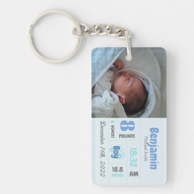 Personlig Nyfött foto Birth-meddelande Nyckelring (Framsidan)