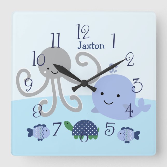 Personlig Ocean Blue Sea Life Baby Clock Fyrkantig Klocka (Framsida)