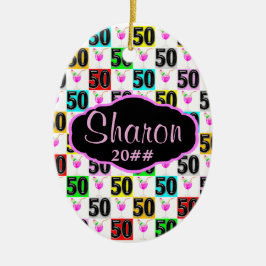 PERSONLIG OCH DATERAD LYCKLIG 50:E BEHANDLING JULGRANSPRYDNAD KERAMIK