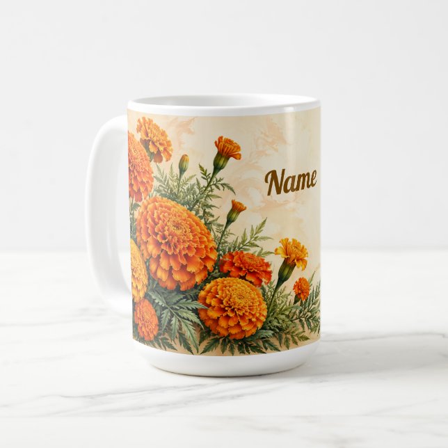 Personlig oktober födelsedagsblomma Sammetblomma  Kaffemugg (Framsida vänster)