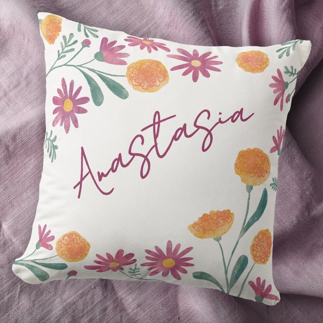 Personlig Oktober Födelsemånad Marigold Cosmos Kudde (October birthday personalized birth month flower marigold cosmos floral watercolor throw pillow gift)