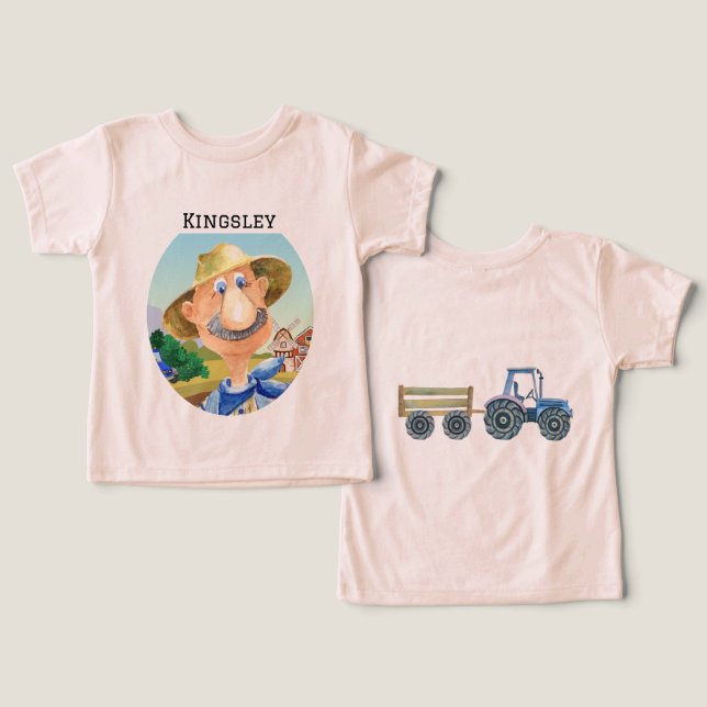 Personlig Old MacDonalds Farm Blue Tractor T Shirt (Design fram och bak)