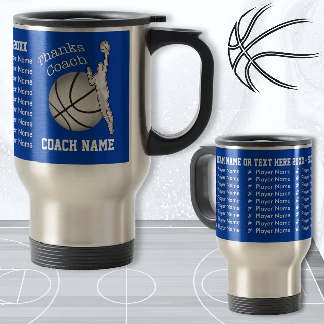 Personlig om spelarbusschackgåvor i Namn Resemugg (Personalized Basketball gifts for coaches, players names. Gifts for Basketball Coach. Blue Silver.)
