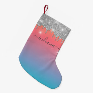 Personlig Ombre Monogram Silver Glitter Helgdag Liten Julstrumpa