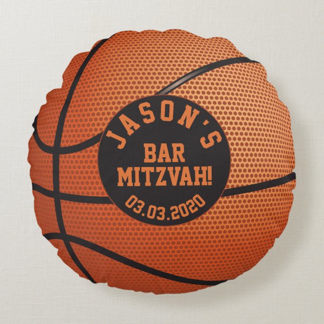 Personlig Orange Black Basketball Pub Mitzvah Rund Kudde (Framsidan)