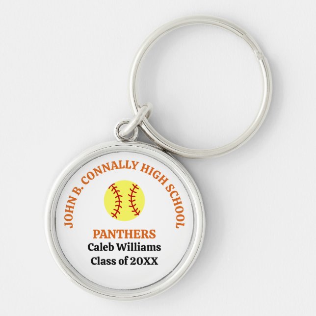 Personlig Orange High School Softbollspelare Rund Silverfärgad Nyckelring (Framsidan)