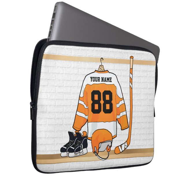 Personlig Orange och White Ice Hockey Jersey Laptop Sleeve (Framsidan Höger)