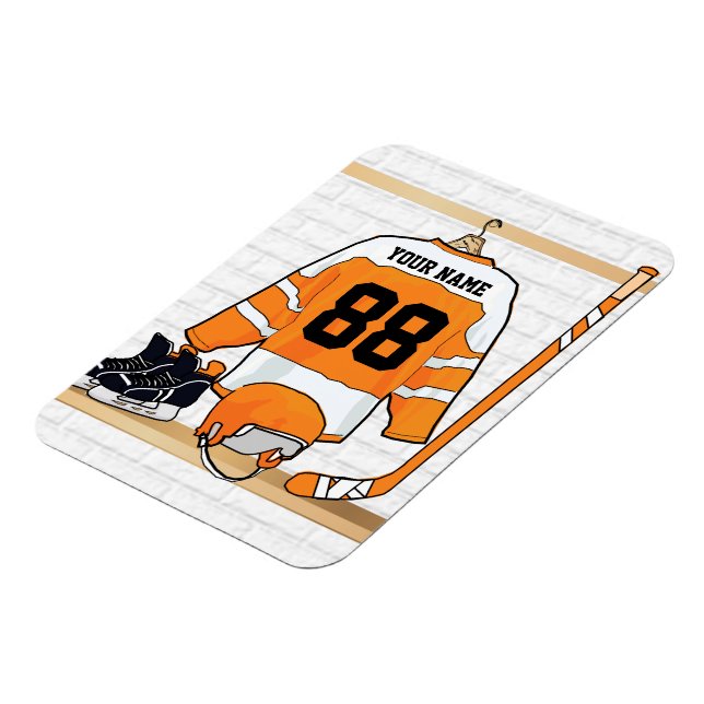 Personlig Orange och White Ice Hockey Jersey Magnet (Vänstra Sidan)