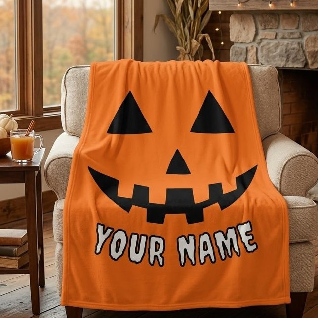 Personlig Orange Pumpa Halloween Ditt Namn Fleecefilt (Skapare uppladdad)