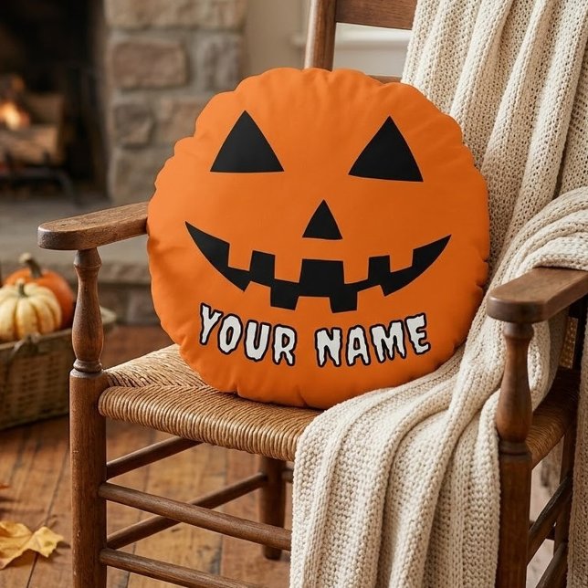 Personlig Orange Pumpa Halloween Ditt Namn Rund Kudde (Skapare uppladdad)