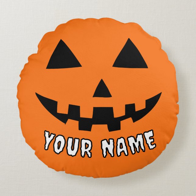 Personlig Orange Pumpkin Halloween ditt namn Rund Kudde (Framsidan)