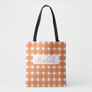 Personlig orange-vit gingham-handväskor tygkasse