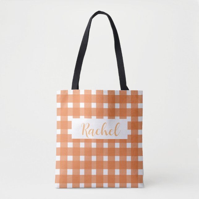 Personlig orange-vit gingham-handväskor tygkasse (Framsida)