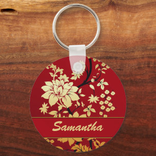Personlig Oriental Golden Flowers on Red Nyckelring
