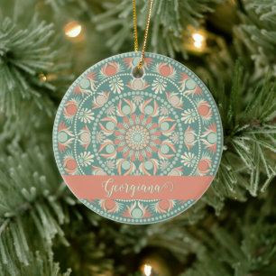 Personlig Ornate Retro Sage och Sand Mandala Julgransprydnad Keramik