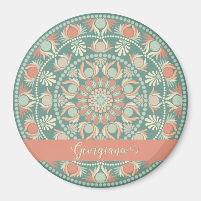 Personlig Ornate Retro Sage och Sand Mandala Magnet (Framsidan)