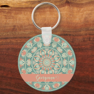 Personlig Ornate Retro Sage och Sand Mandala Nyckelring