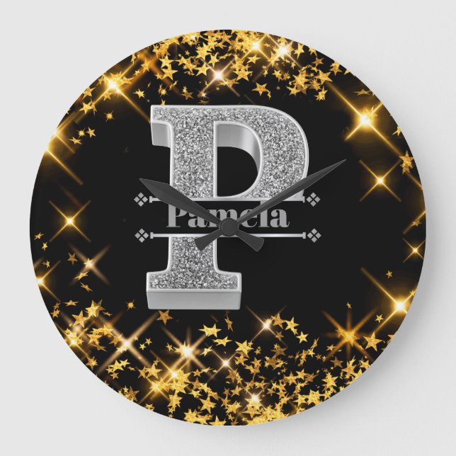 Personlig P Inledande Silver Monogram Ditt namn Stor Klocka (Framsida)