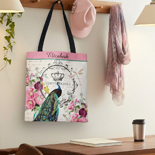 Personlig påfågel och vårblommor shoppingväska tygkasse