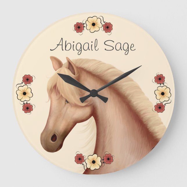 Personlig Palomino and Flowers Horse Wall Clock Stor Klocka (Framsida)
