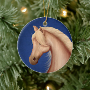Personlig Palomino Pony Rött vitt blått Horse Julgransprydnad Keramik