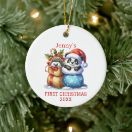 Personlig Panda Bear och Hedgehog Unge jul Julgransprydnad Keramik