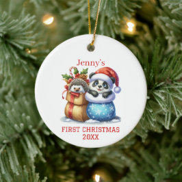 Personlig Panda Bear och Hedgehog Unge jul Julgransprydnad Keramik