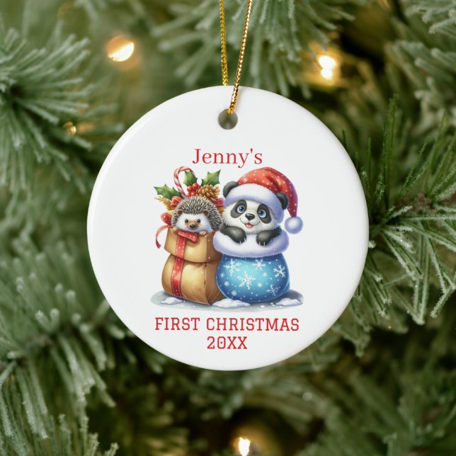 Personlig Panda Bear och Hedgehog Unge jul Julgransprydnad Keramik (Träd)
