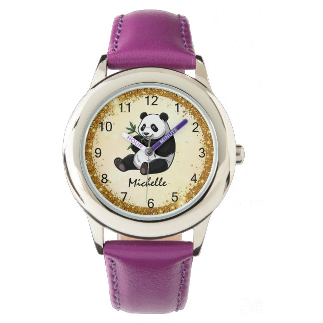 Personlig Panda Björn Med Grönska Bambu Guld Armbandsur (Framsida)