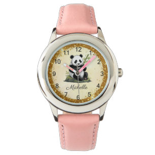 Personlig Panda Björn Med Grönska Bambu Guld Armbandsur
