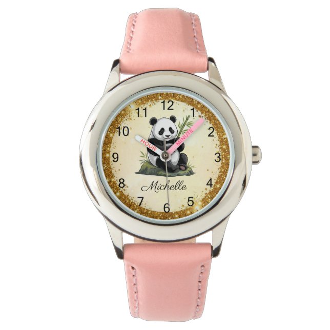 Personlig Panda Björn Med Grönska Bambu Guld Armbandsur (Framsida)