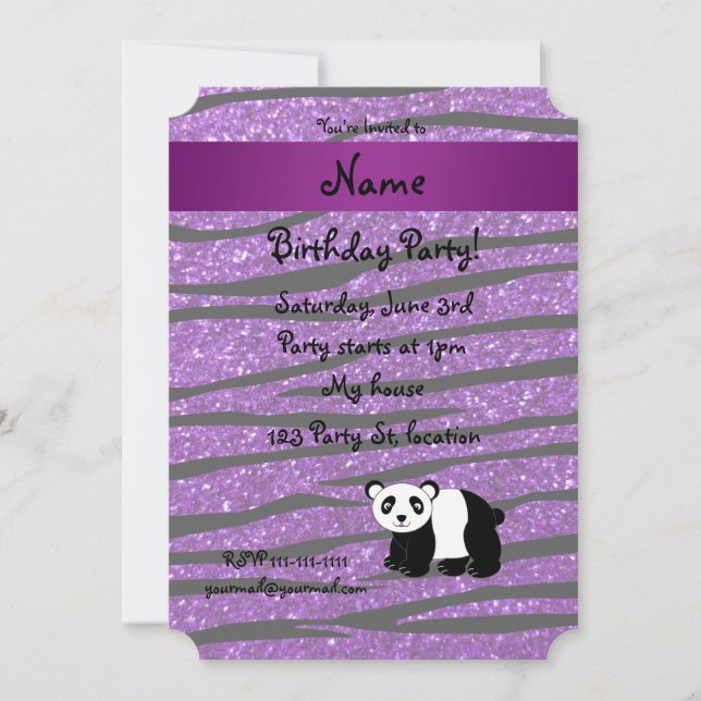 Personlig panda lila glitter zebra inbjudningar (Framsida)