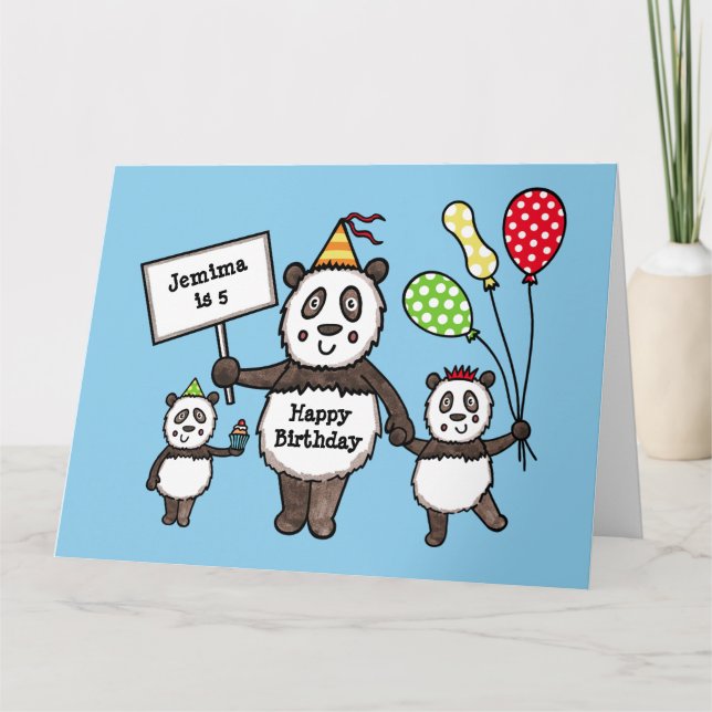 Personlig Panda Party Barn födelsedagskort Kort (Framsida)