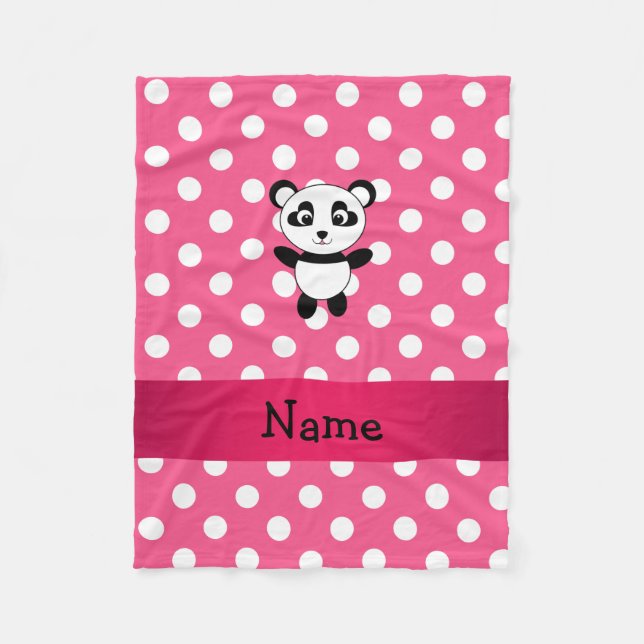 Personlig panda rosa white polka dots fleecefilt (Framsidan)