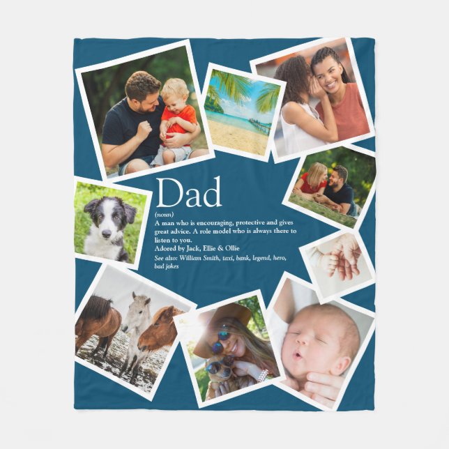 Personlig Pappa Definition 9 Photo Collage Blue Fleecefilt (Framsidan)