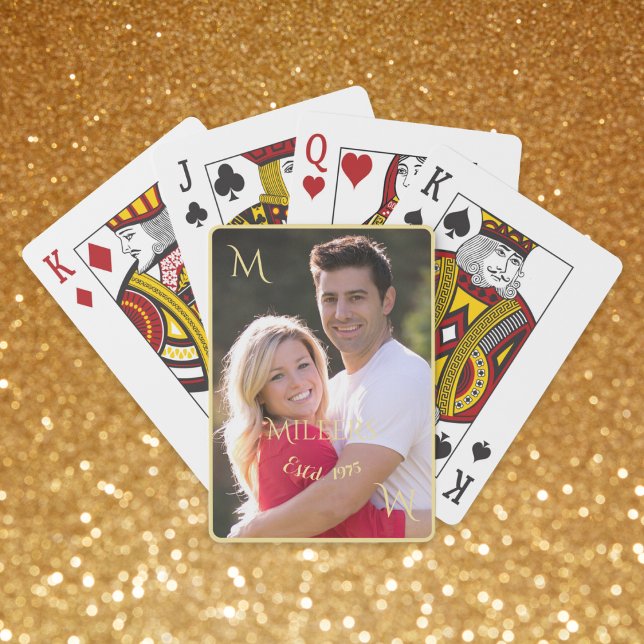 Personlig par Family Photo Guld Monogram Casinokort (Personalized Couple Family Photo Gold Monogram Playing Cards)