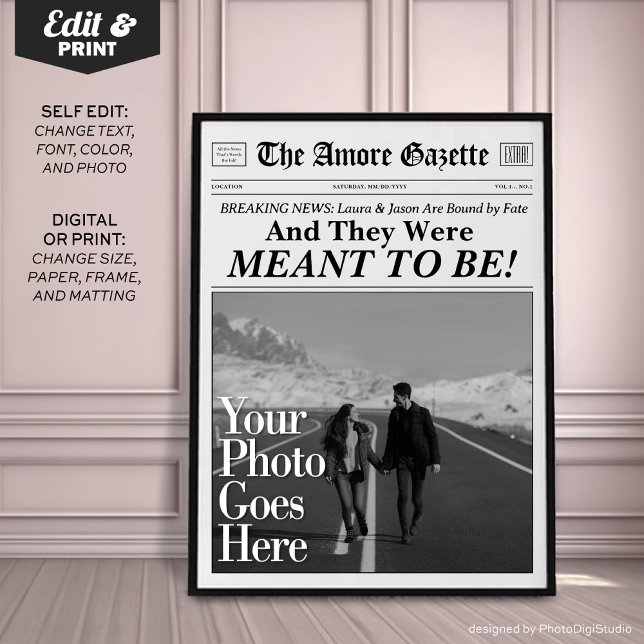 Personlig Par Newspaper Print 'Meant to Be' Poster (Personalized Couples Newspaper Print 'And they Were Meant to Be')