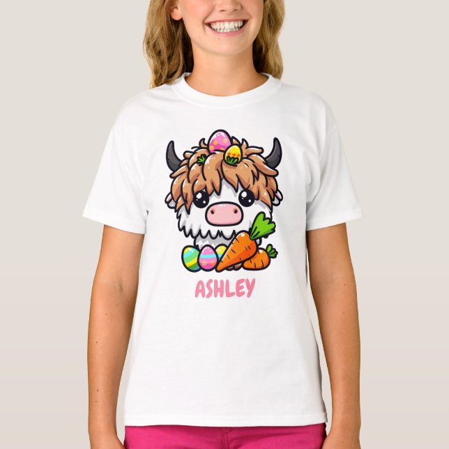 Personlig Påsk Highland Cow med Påskägg T Shirt (Framsida)