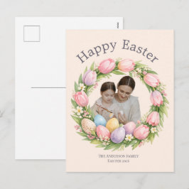 Personlig påsk med blomsterkrans och familjefoto helg vykort