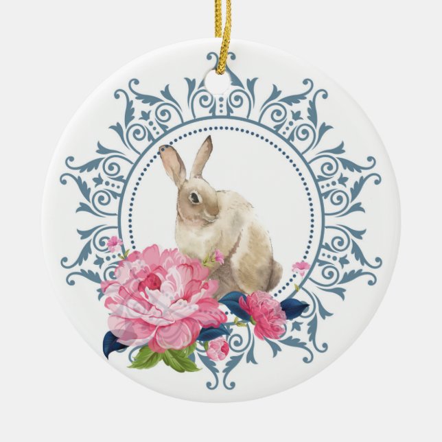 Personlig Påsk Rabbit Blommigt design Julgransprydnad Keramik (Framsidan)