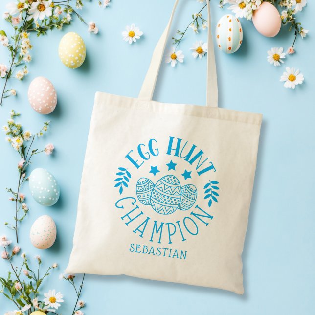Personlig Påskägg Hunt Champion Boy Blue Tygkasse (Personalized Easter Egg Hunt Champion Boy Blue Tote Bag)