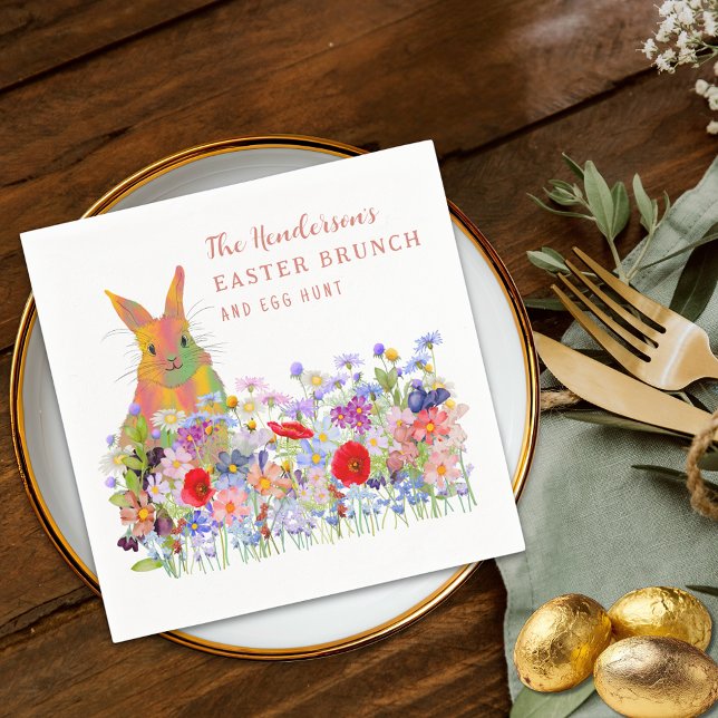 Personlig Påskäggsjakt Brunch Kanin Blommor Pappersservett (Personalized easter egg hunt spring brunch cute bunny floral terracotta orange script party napkin)
