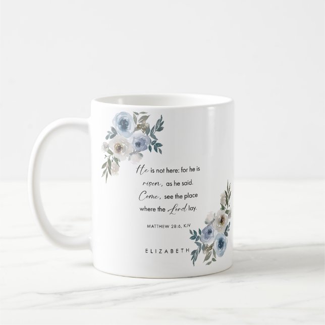 Personlig påskbibelvers Matt 28:6 Kaffemugg (Vänster)