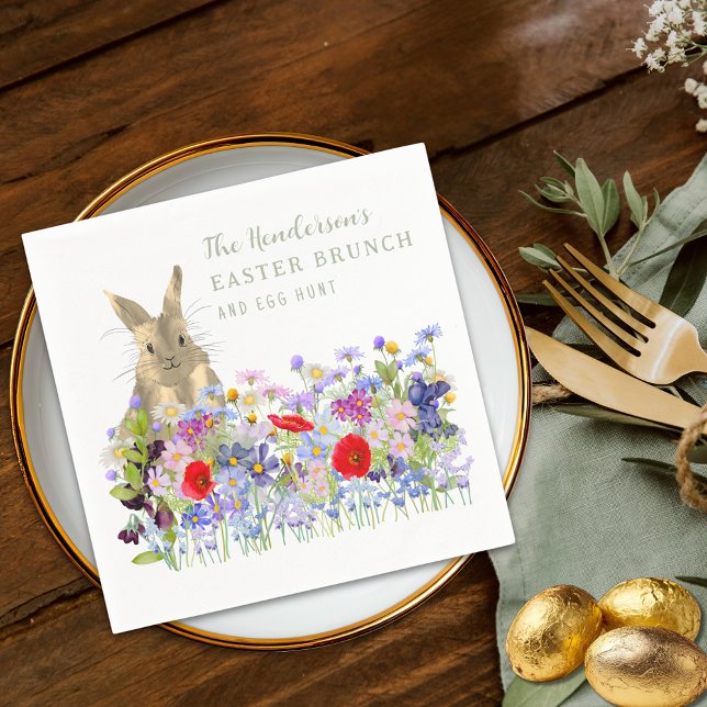 Personlig Påskbrunch Äggsökning Kanin Blommig Pappersservett (Personalized easter egg hunt spring brunch cute bunny floral sage green script party napkin)
