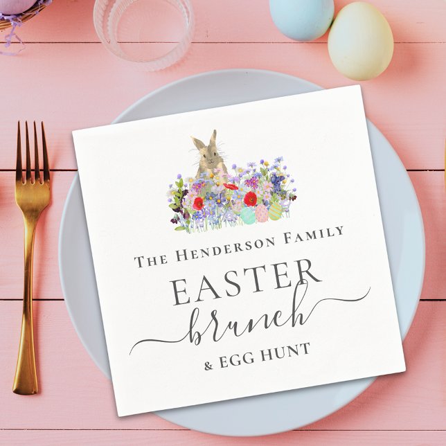 Personlig påskbrunch och äggsökning Kanin Pappersservett (Elegant script Easter brunch and egg hunt cute bunny spring garden party custom napkins)