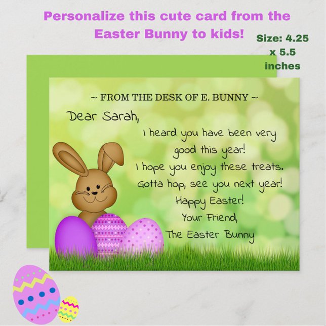 Personlig påskhare till barn Söt rolig platt SM Julkort (Add magic to a child's Easter with this cute personalized "From the Easter Bunny" card!)